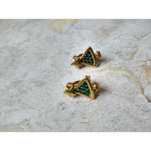 Vintage Christmas Tree Clip On Earrings Holiday Retro Estate Jewelry - Picture 1 of 6